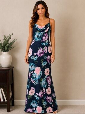 NWT Eliza J Navy Floral Cowl-Neck Maxi Dress